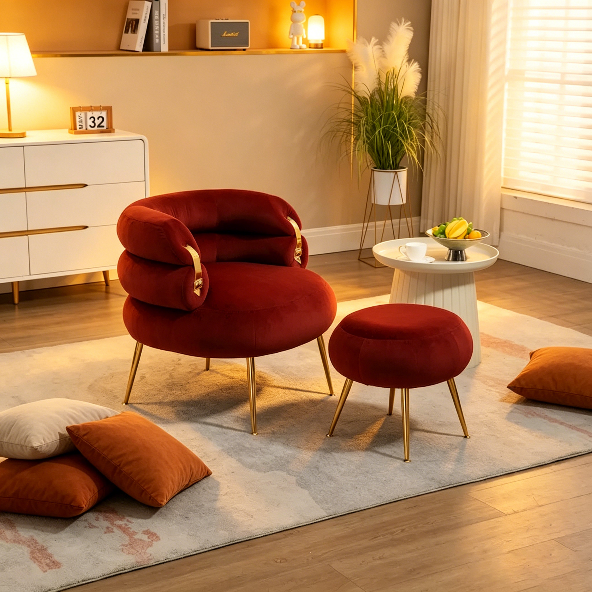 Fauteuil tonneau moderne rouge lie-de-vin de 73,9 cm avec pouf