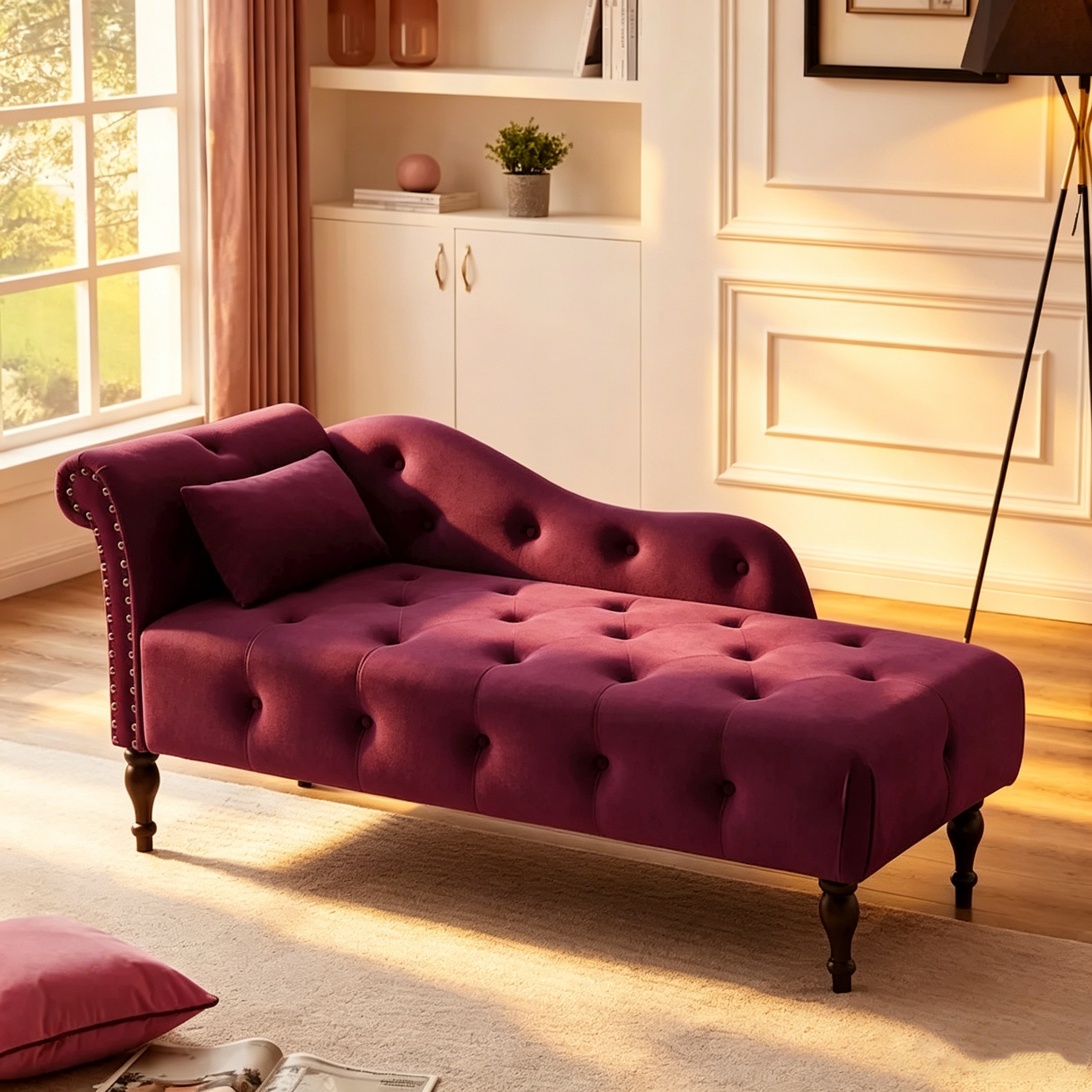 Chaise longue capitonnée en velours avec clous décoratifs