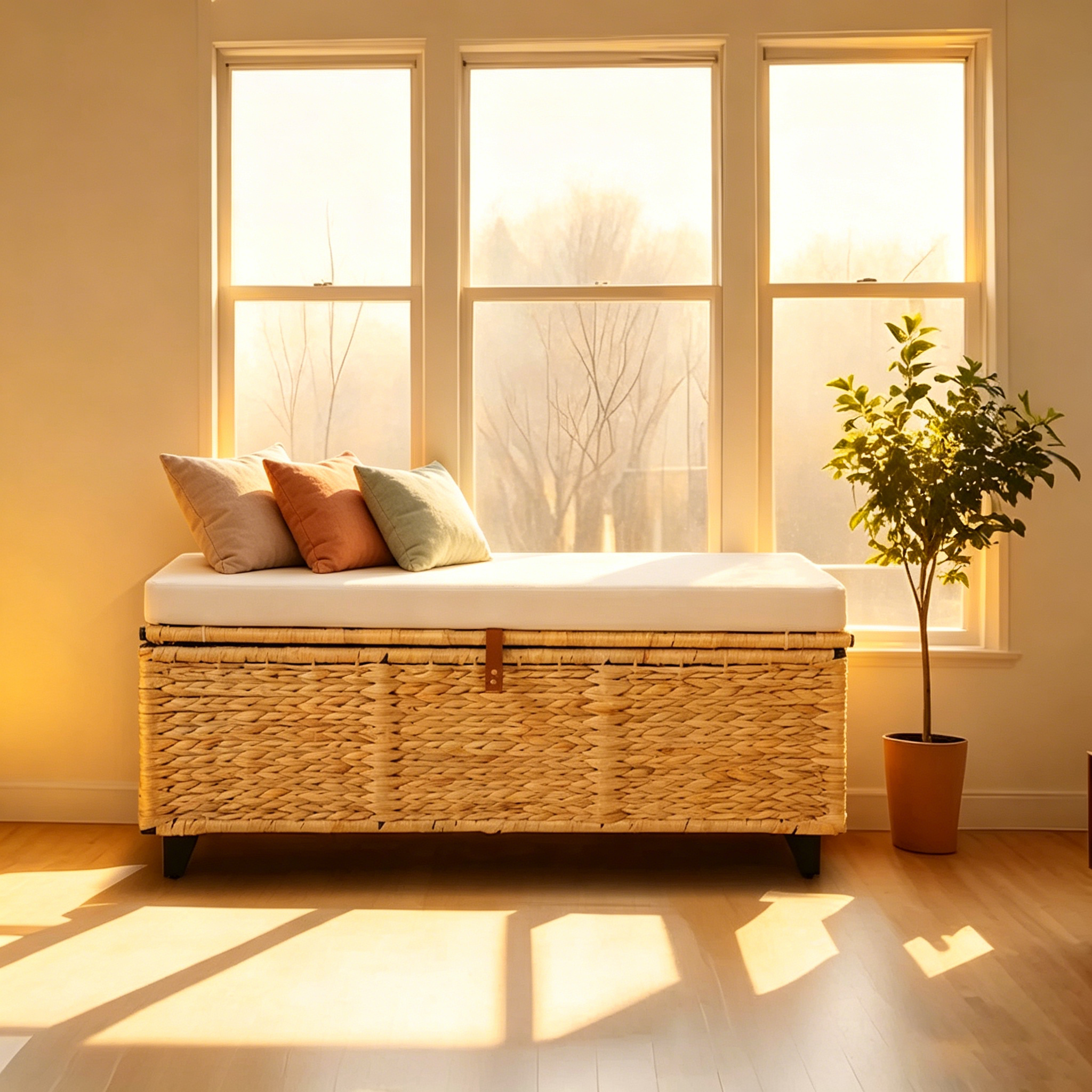 Banc de rangement en osier avec coussin pour chambre à coucher, salon, véranda