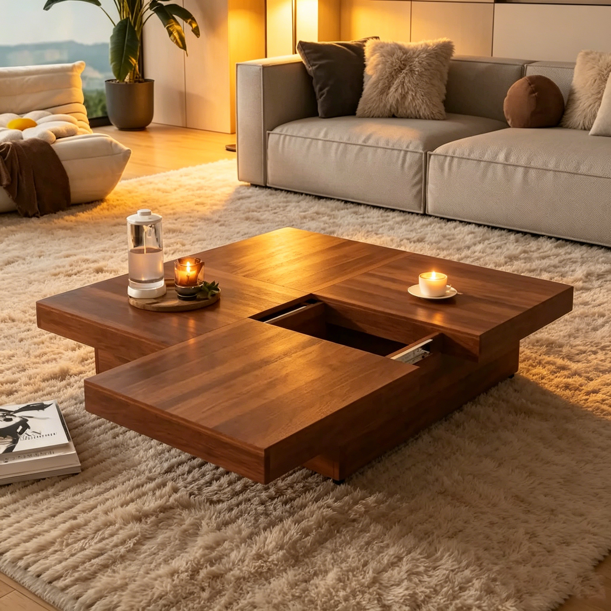 Table basse carrée en placage de marbre avec plateau coulissant et rangement en noyer
