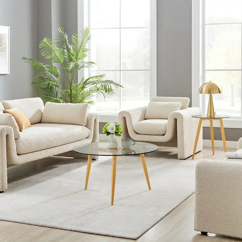Table basse avec pieds effilés et plateau en verre