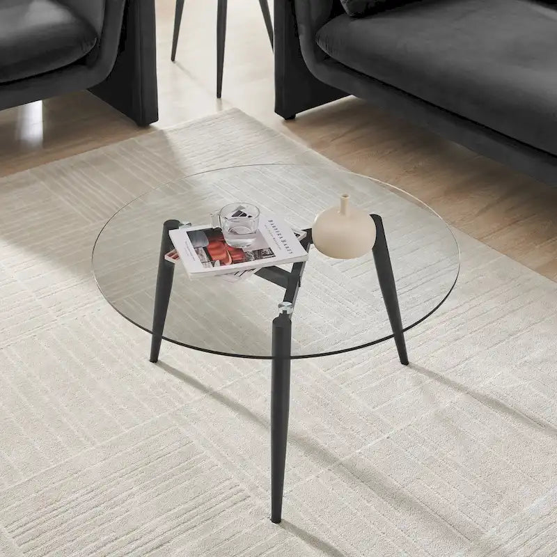 Table basse avec pieds effilés et plateau en verre