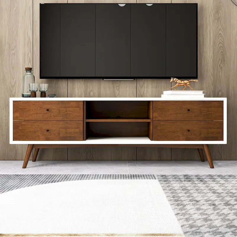 Meuble TV blanc du milieu du siècle avec cadre en bois massif Meuble TV avec 6 placards de rangement