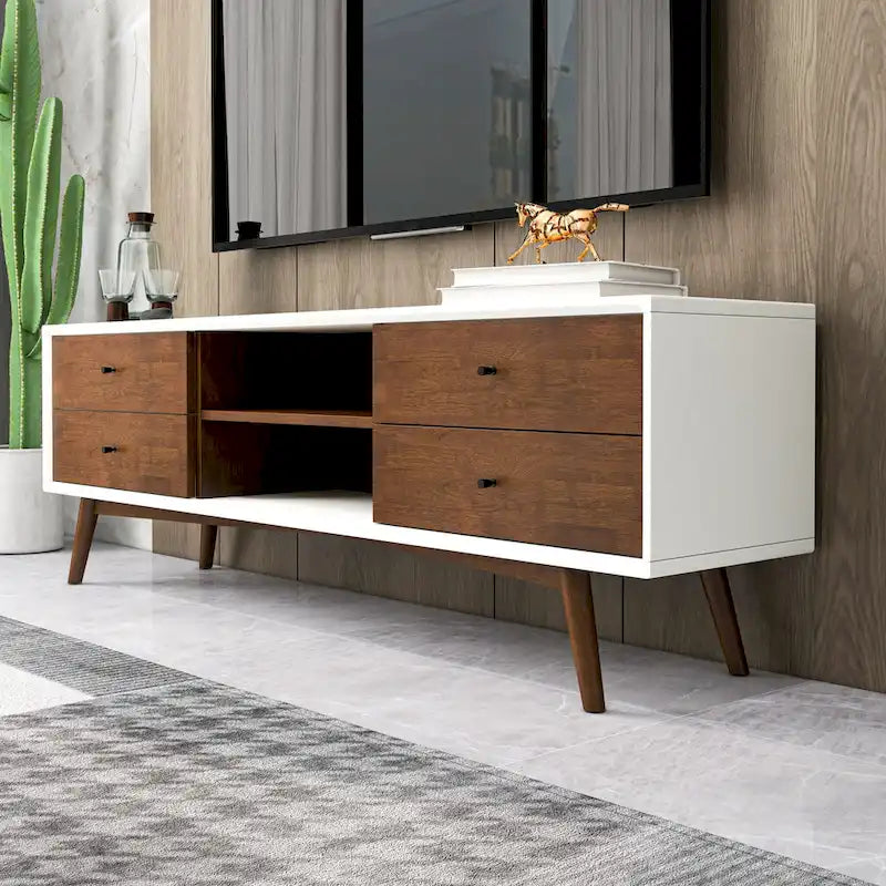 Meuble TV blanc du milieu du siècle avec cadre en bois massif Meuble TV avec 6 placards de rangement