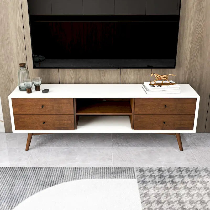 Meuble TV blanc du milieu du siècle avec cadre en bois massif Meuble TV avec 6 placards de rangement