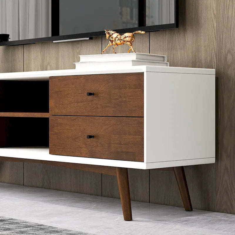 Meuble TV blanc du milieu du siècle avec cadre en bois massif Meuble TV avec 6 placards de rangement