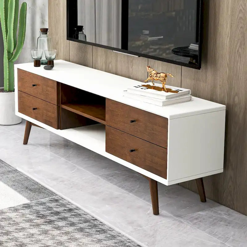 Meuble TV blanc du milieu du siècle avec cadre en bois massif Meuble TV avec 6 placards de rangement
