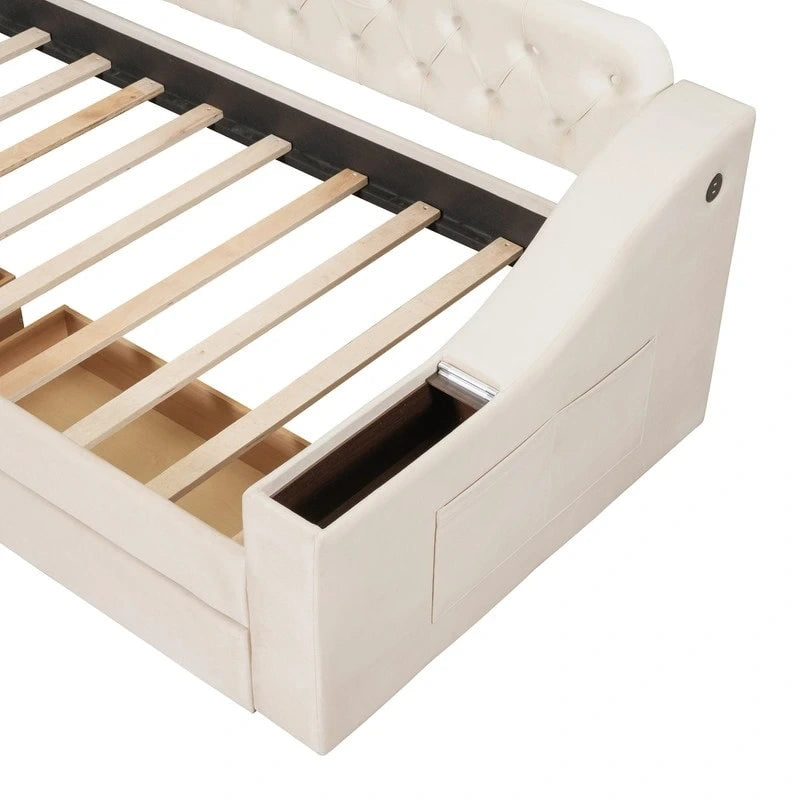 Canapé-lit rembourré avec deux tiroirs de rangement, cadre de canapé-lit de chambre à coucher