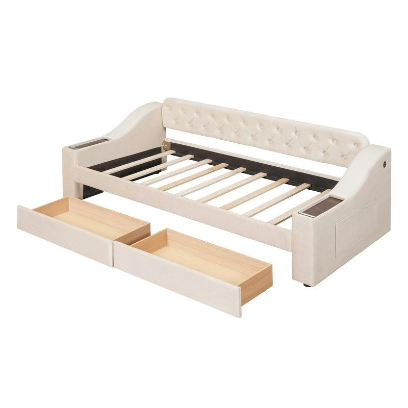 Canapé-lit rembourré avec deux tiroirs de rangement, cadre de canapé-lit de chambre à coucher