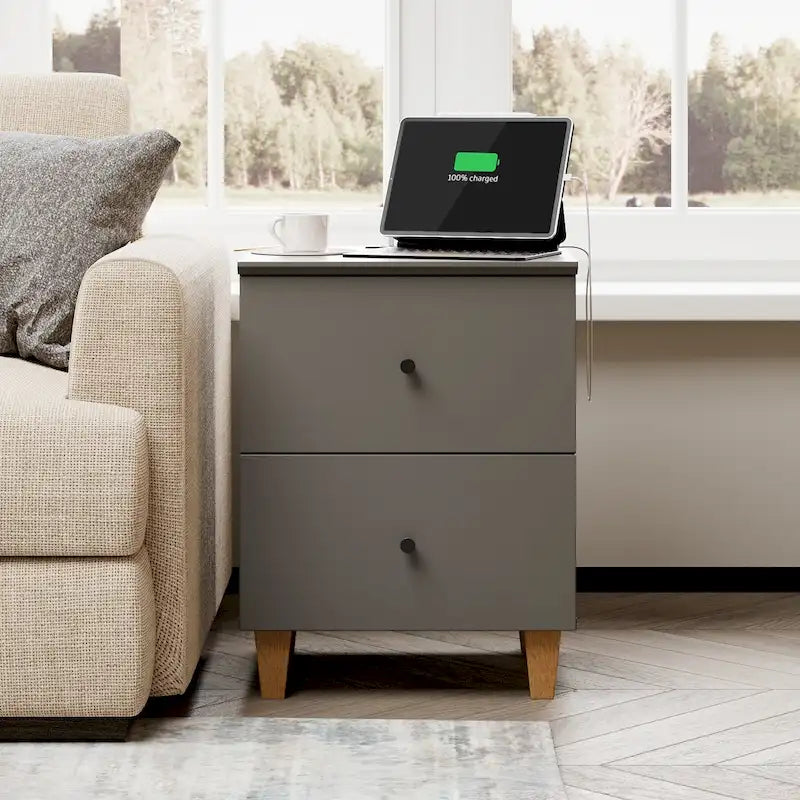 Table de chevet avec station de recharge et 2 tiroirs pour salon