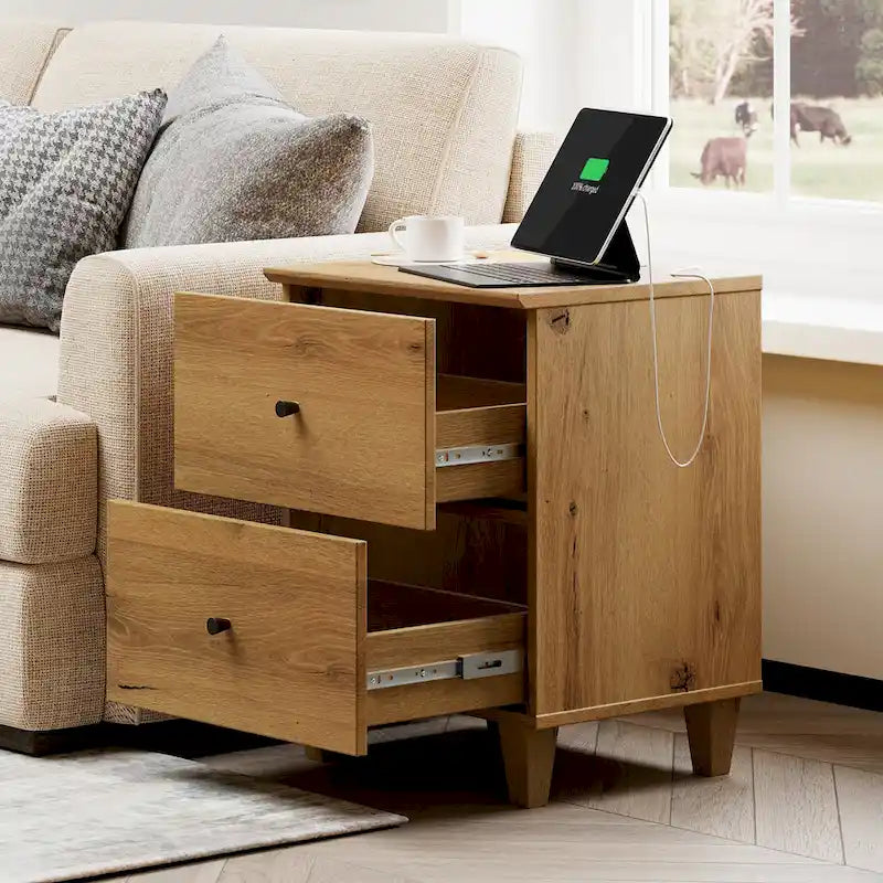 Table de chevet avec station de recharge et 2 tiroirs pour salon