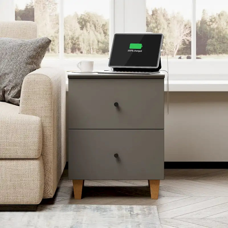 Table de chevet avec station de recharge et 2 tiroirs pour salon