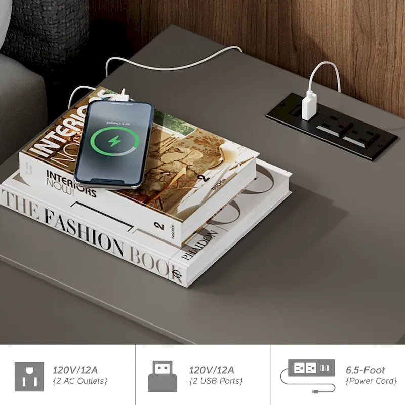 Table de chevet avec station de recharge et 2 tiroirs pour salon