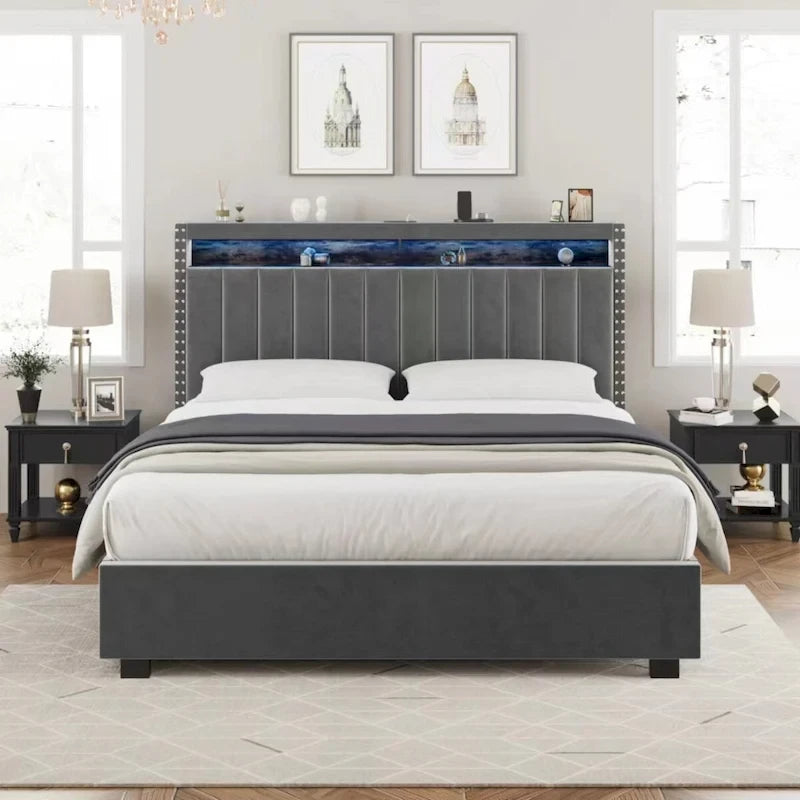 Lit de rangement à vérins à gaz avec lumières LED RF, tête de lit de rangement, velours