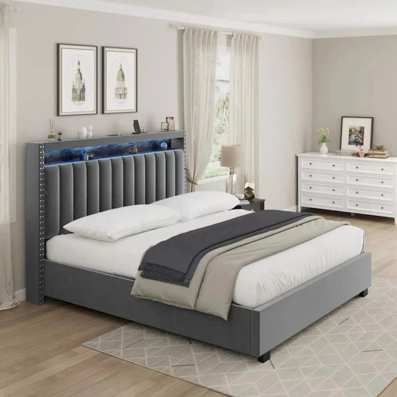 Lit de rangement à vérins à gaz avec lumières LED RF, tête de lit de rangement, velours