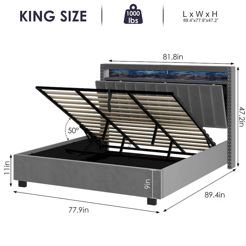 Lit de rangement à vérins à gaz avec lumières LED RF, tête de lit de rangement, velours