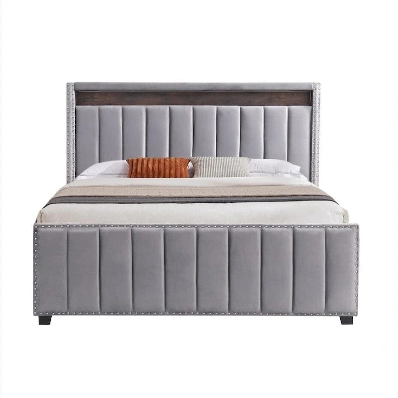 Lit de rangement à vérins à gaz avec lumières LED RF, tête de lit de rangement, velours