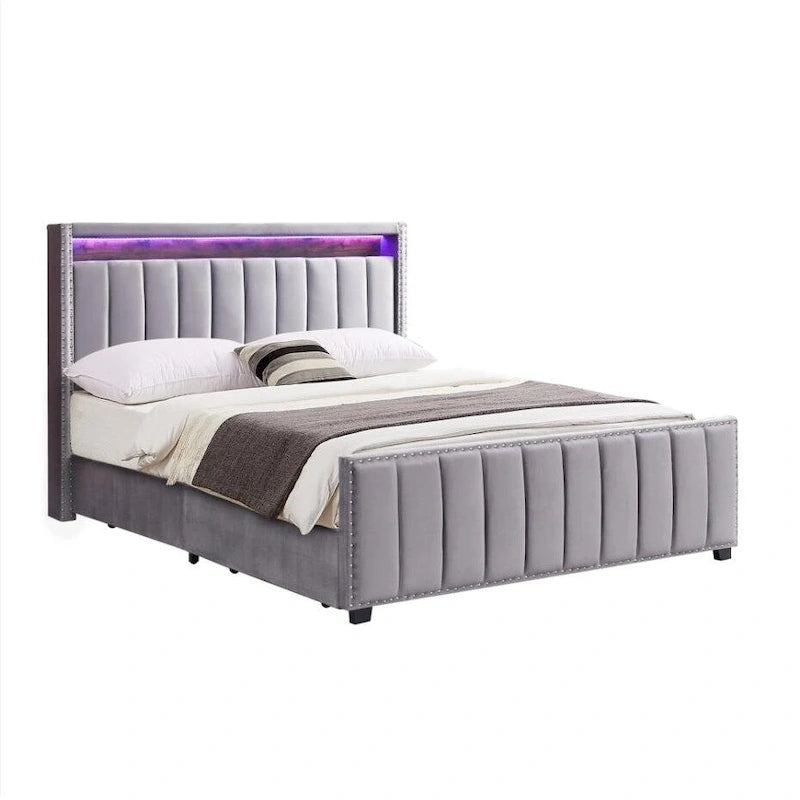 Lit de rangement à vérins à gaz avec lumières LED RF, tête de lit de rangement, velours