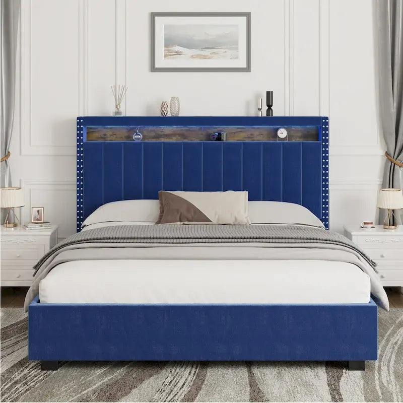 Lit de rangement à vérins à gaz avec lumières LED RF, tête de lit de rangement, velours