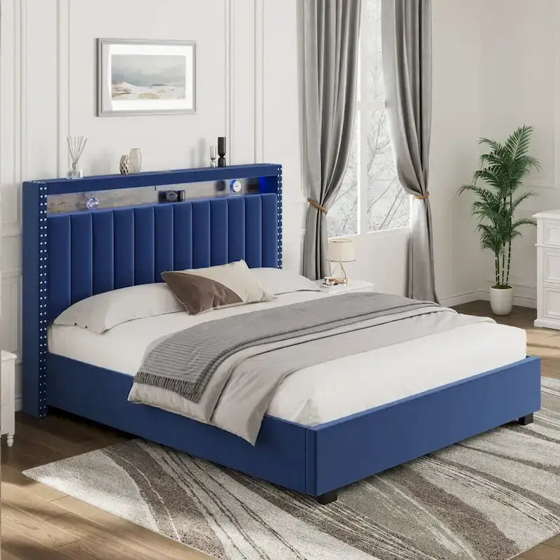 Lit de rangement à vérins à gaz avec lumières LED RF, tête de lit de rangement, velours
