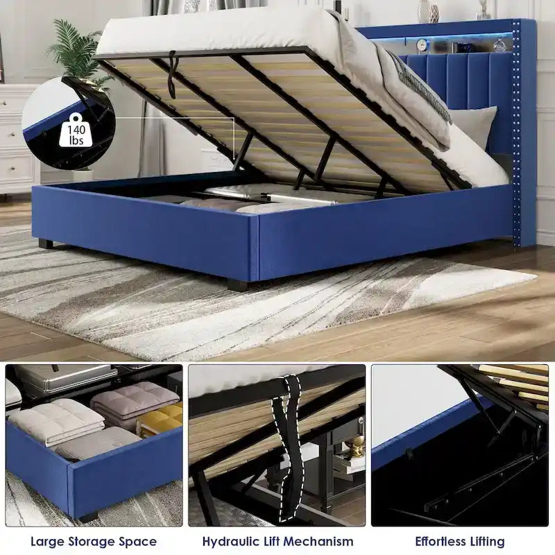 Lit de rangement à vérins à gaz avec lumières LED RF, tête de lit de rangement, velours