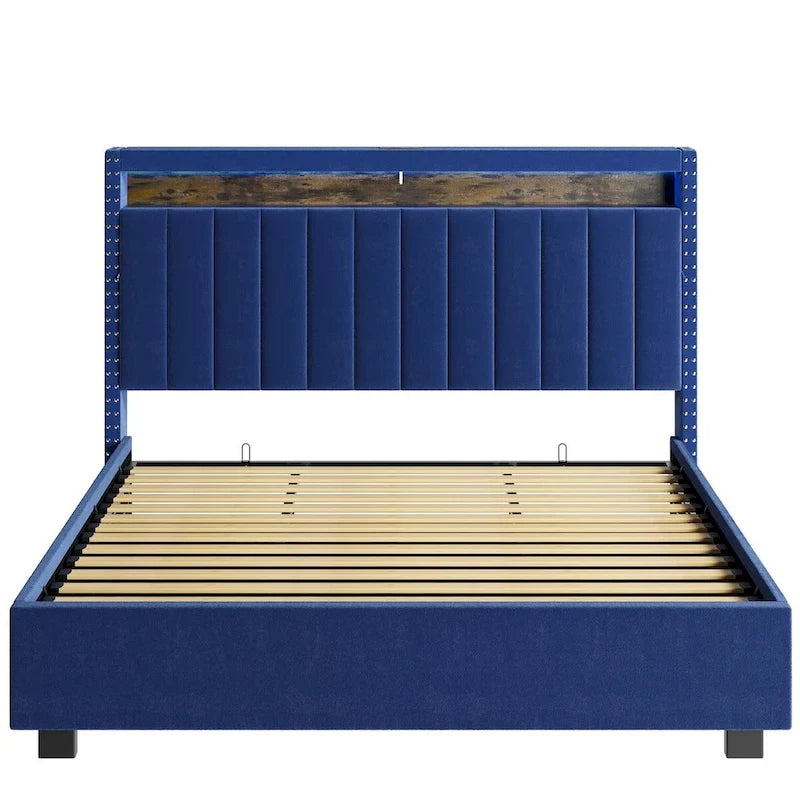 Lit de rangement à vérins à gaz avec lumières LED RF, tête de lit de rangement, velours