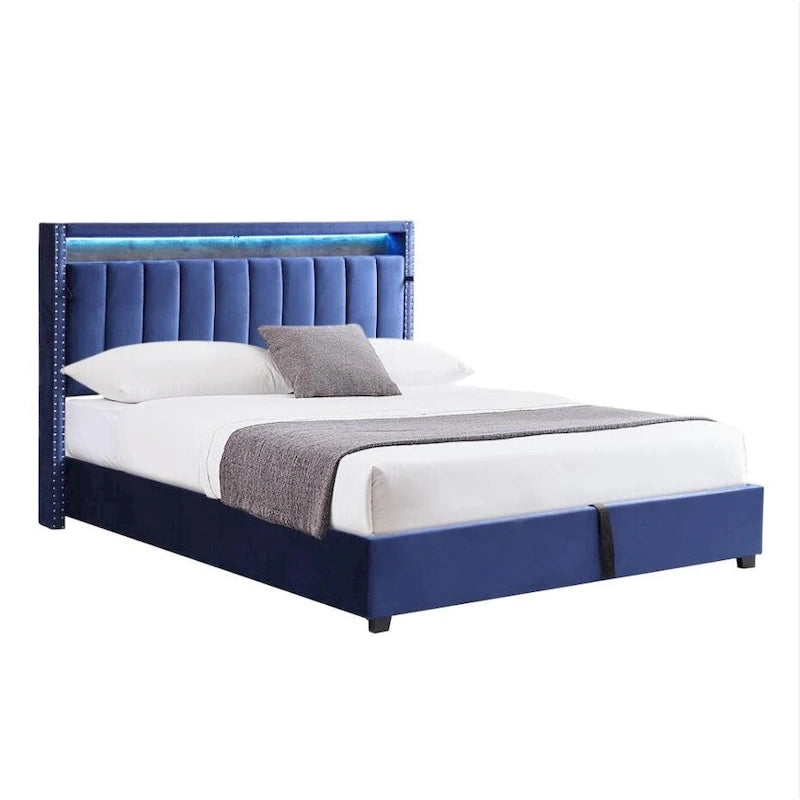 Lit de rangement à vérins à gaz avec lumières LED RF, tête de lit de rangement, velours