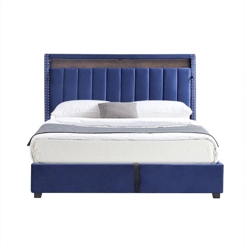 Lit de rangement à vérins à gaz avec lumières LED RF, tête de lit de rangement, velours