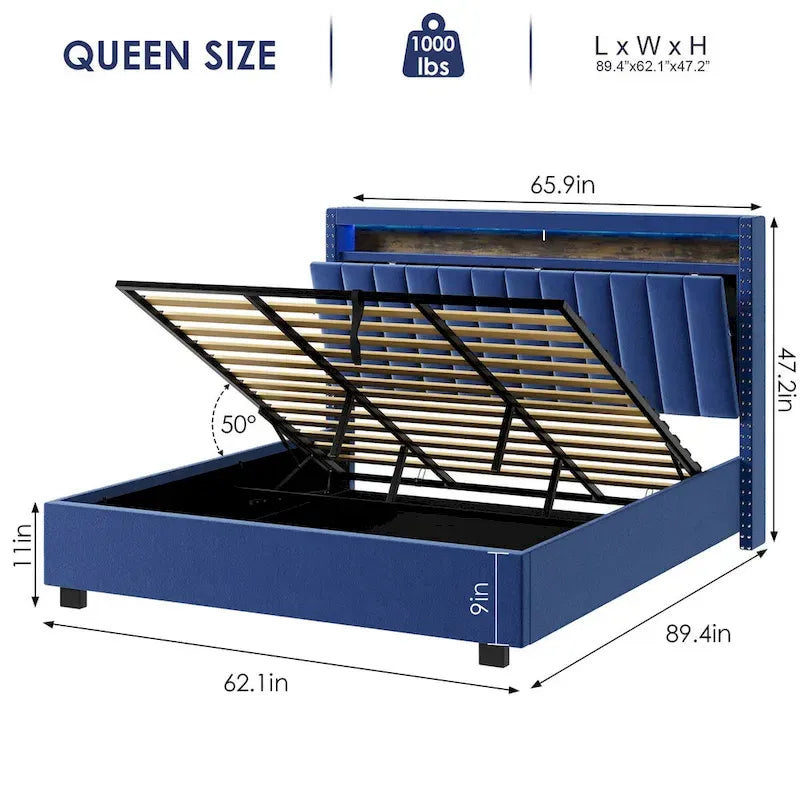 Lit de rangement à vérins à gaz avec lumières LED RF, tête de lit de rangement, velours