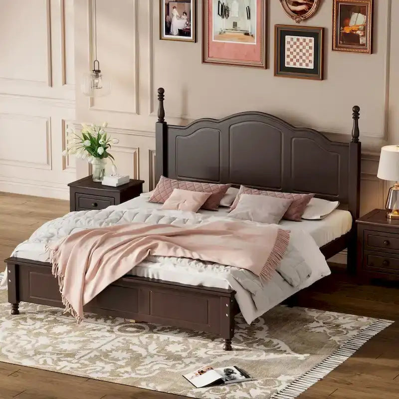 Cadre de lit plateforme en bois pleine grandeur, lit plateforme de style rétro