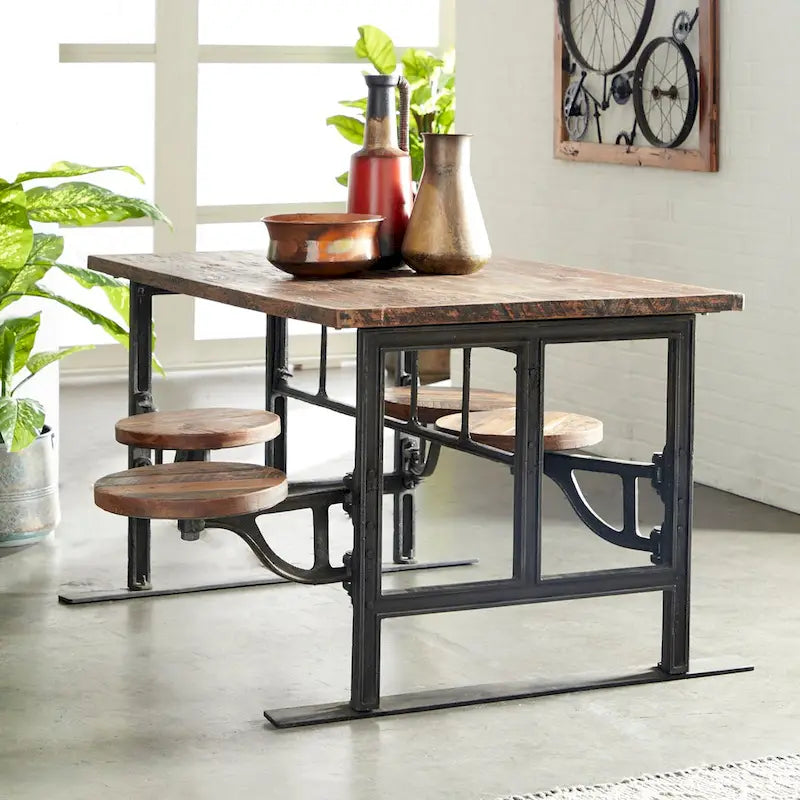 Table à manger en teck avec bancs attenants - Marron