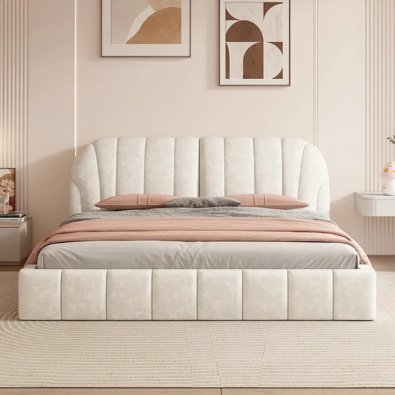 Lit rembourré plateforme Queen Size avec tête de lit en tissu épais